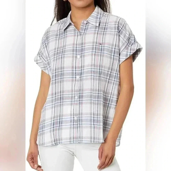 Tommy Hilfiger Tops - Tommy Hilfiger Drop Shoulder cuffed sleeve plaid button-down top, womens XLG